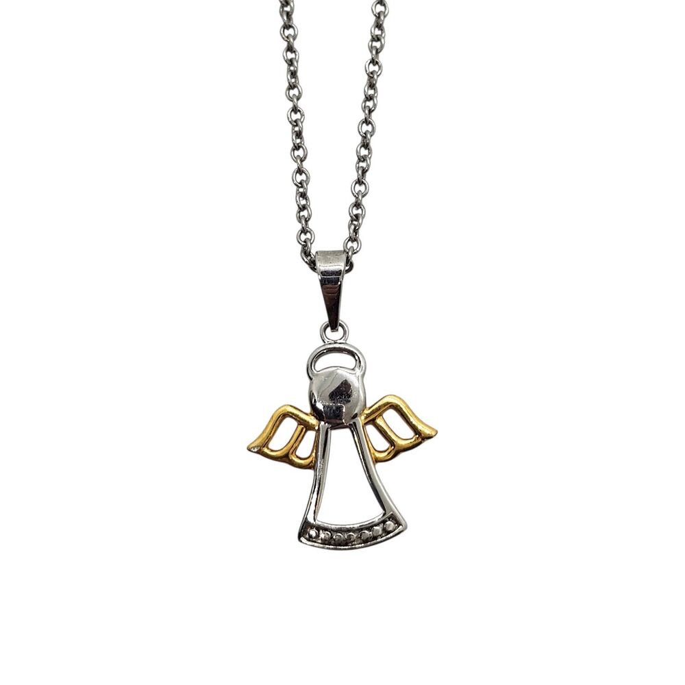 Angel Pendant with Rhinestones Two-Toned Silver/Gold with Silver Toned Chain 18"